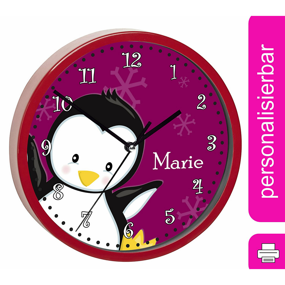Kinder Wanduhr personalisiert mit Name Pinguin brombeere
