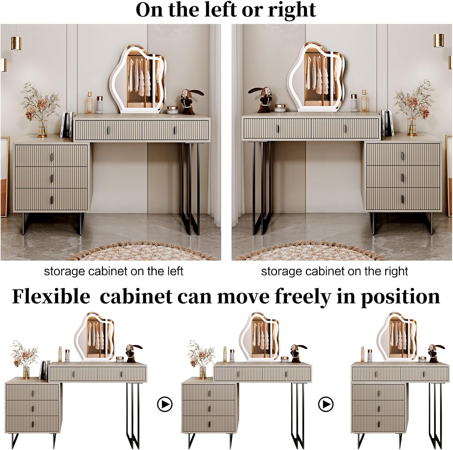 leejdn Dresser with 3 Color Touch Screen Dimming Mirror, Modern Makeup Dresser with Adjustable Cabinets and 4 Sliding Drawers, Powder Room, Bedroom Dresser Set