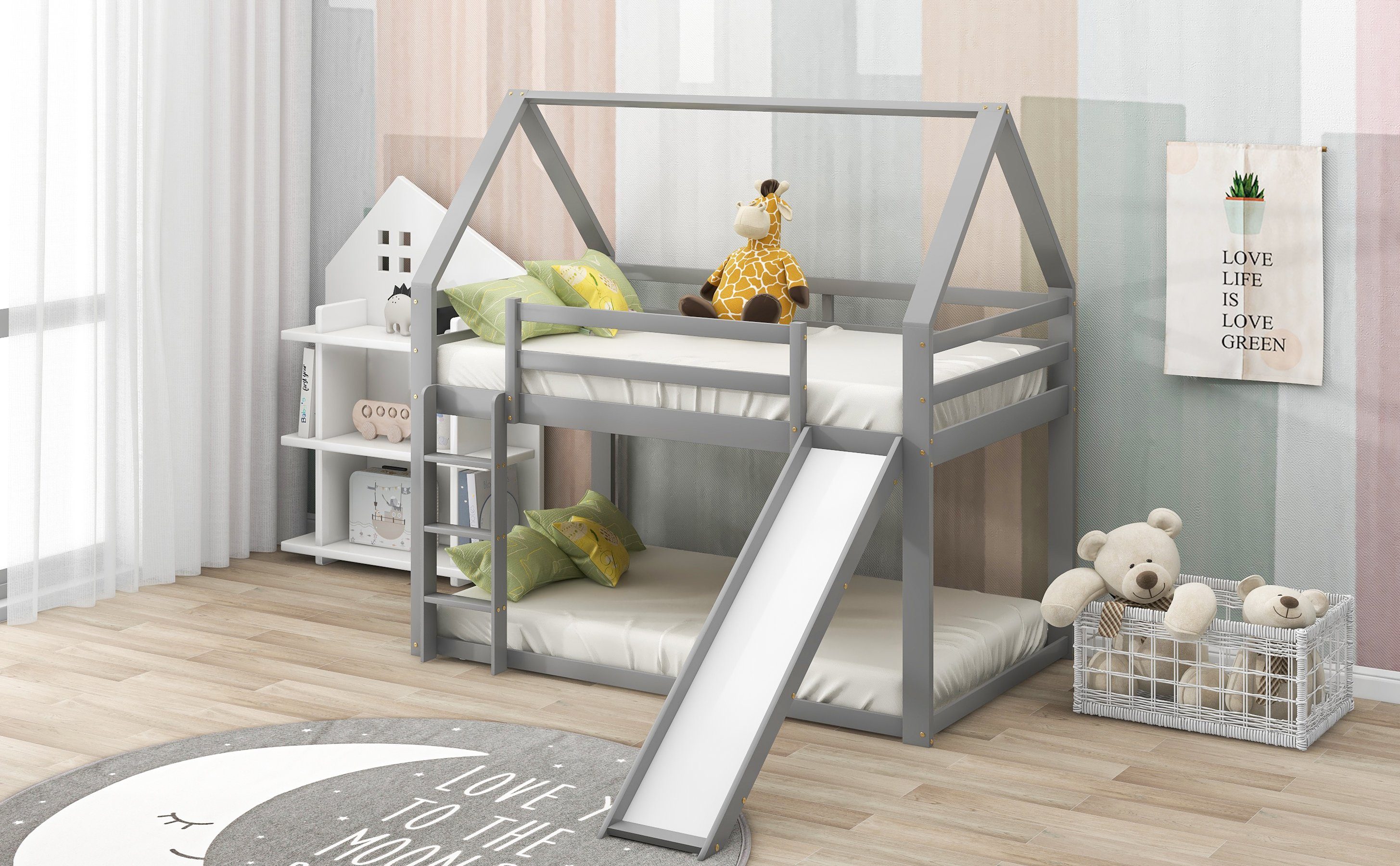 WISHDOR Kinderbett Kinderbett Hausbett Etagenbett Bett (mit Rutsche und Leiter, 90x200cm), Ohne Matratze