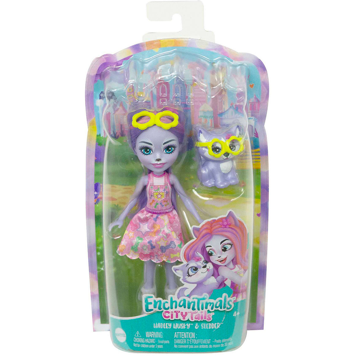 Enchantimals City Tails Puppe Hundemädchen Hadley Husky (ca. 15 cm) und Tierfigur Sledder
