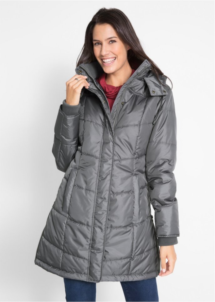 Long-Steppjacke, wattiert mit Kragen und Kapuze