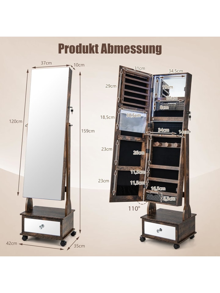 COSTWAY Schmuckschrank LED mit Rollen 159cm in Hellbraun günstig kaufen onesize