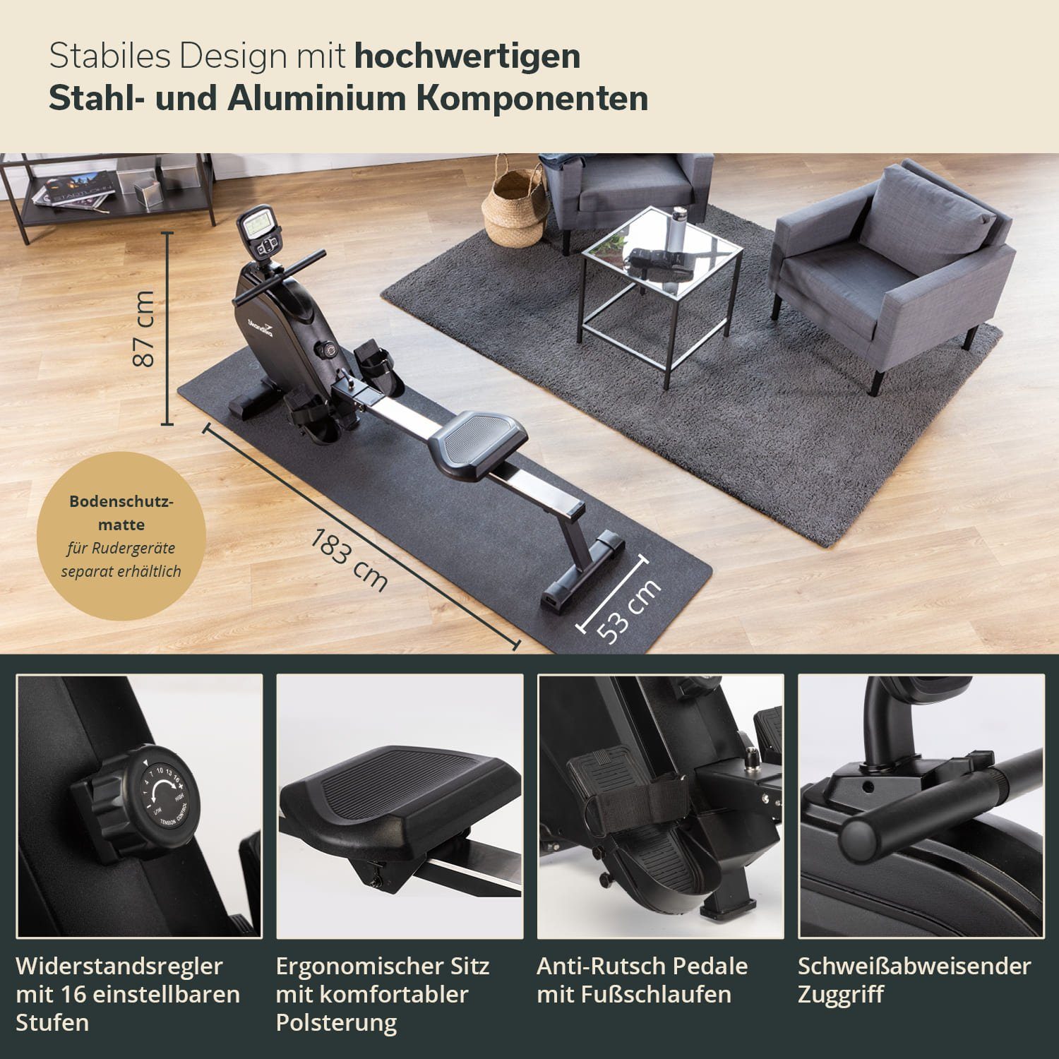 Skandika Rudergerät Munin, klappbar, 16-stufiger Magnetwiderstand, 8 kg Schwungmassensystem