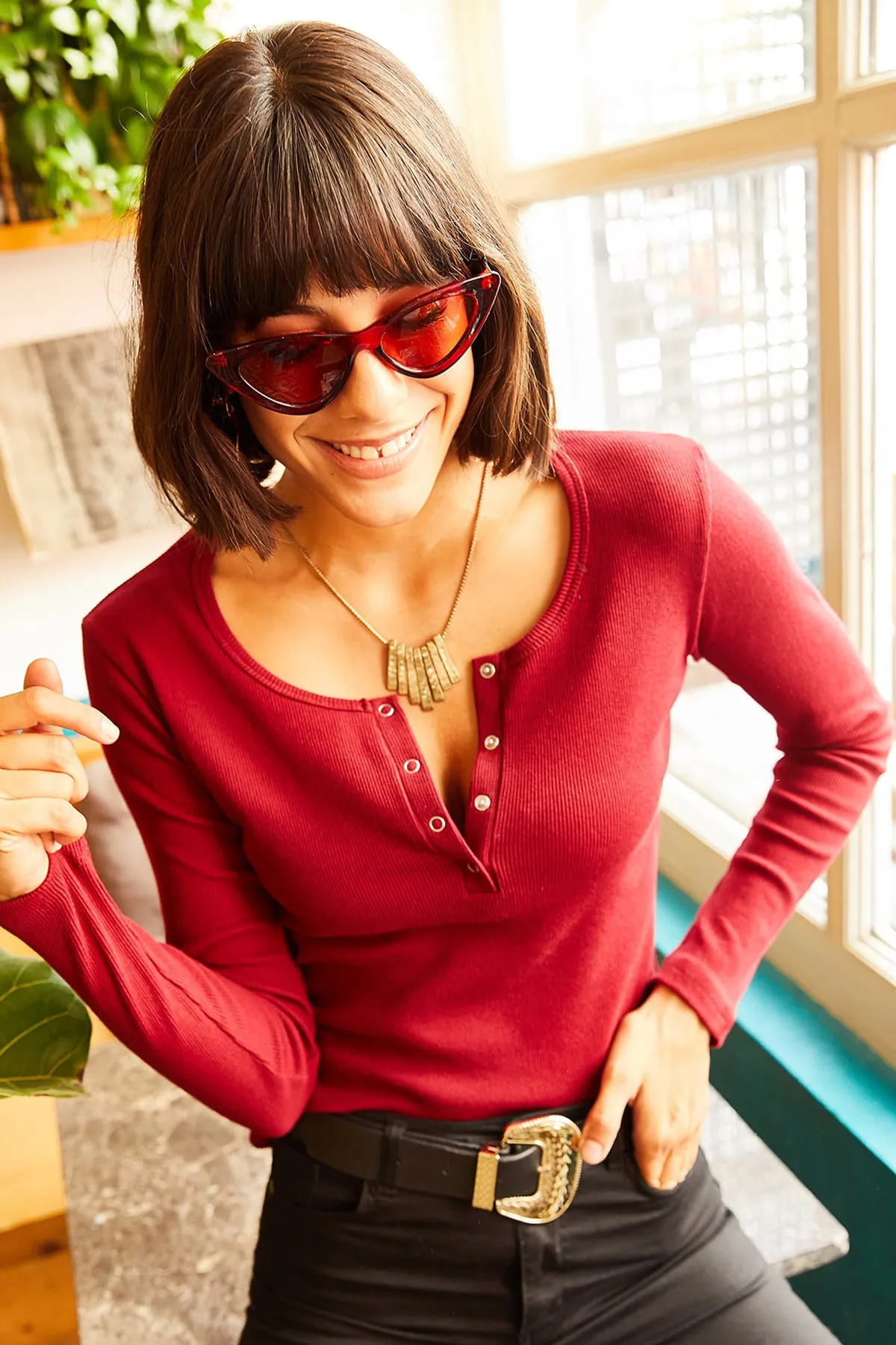 Olalook  Damen-Bluse mit Karomuster in Weinrot BLZ-19000588