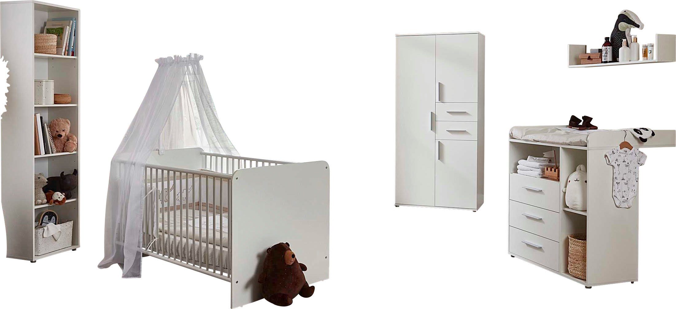 BMG Möbel Babyzimmer-Komplettset Lea, (Set, 5-St., Bett, Wickelkommode, Schrank, Standregal, Wandboard), Bett + Wickelkommode + 3-trg. Schrank + Standregal + Wandboard