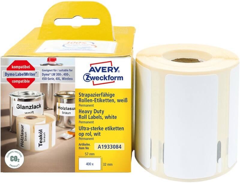 AVERY Zweckform Strapazierfähige Etiketten A1933084 Selbsthaftend Weiß 32 x 57 mm 1 Rolle à 400 Etiketten