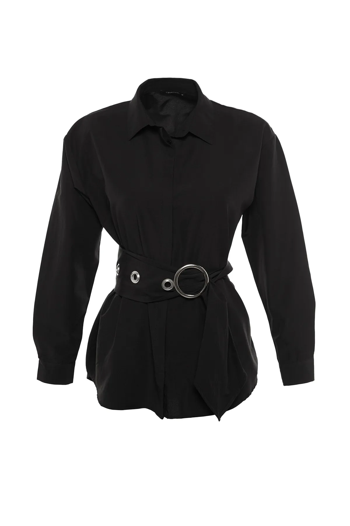 Trendyol Collection  Schwarzes, gewebtes Baumwollhemd mit Gürtelschnalle TWOAW20GO0099