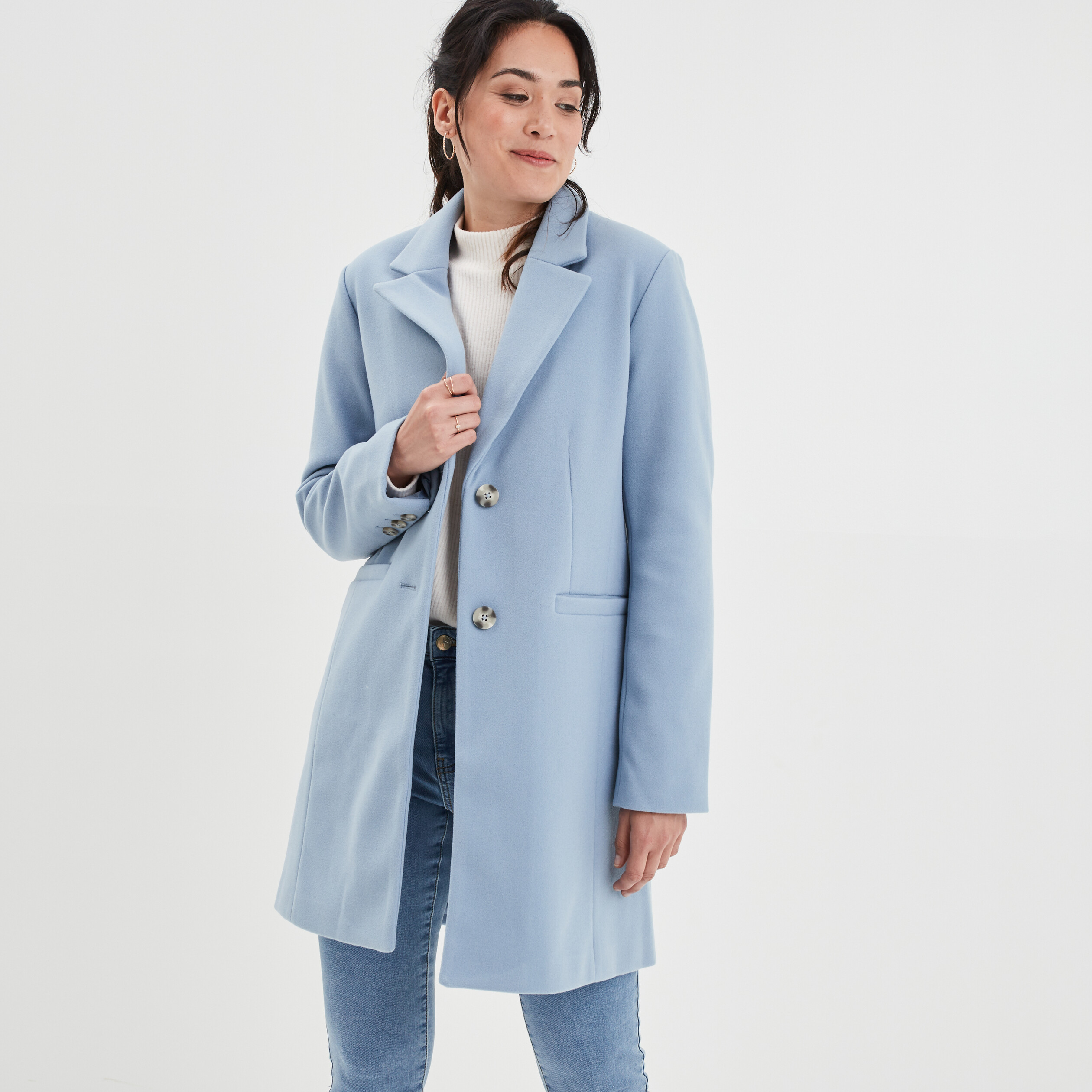 Manteau doublé long droit boutonné bleu gris femme | La Halle