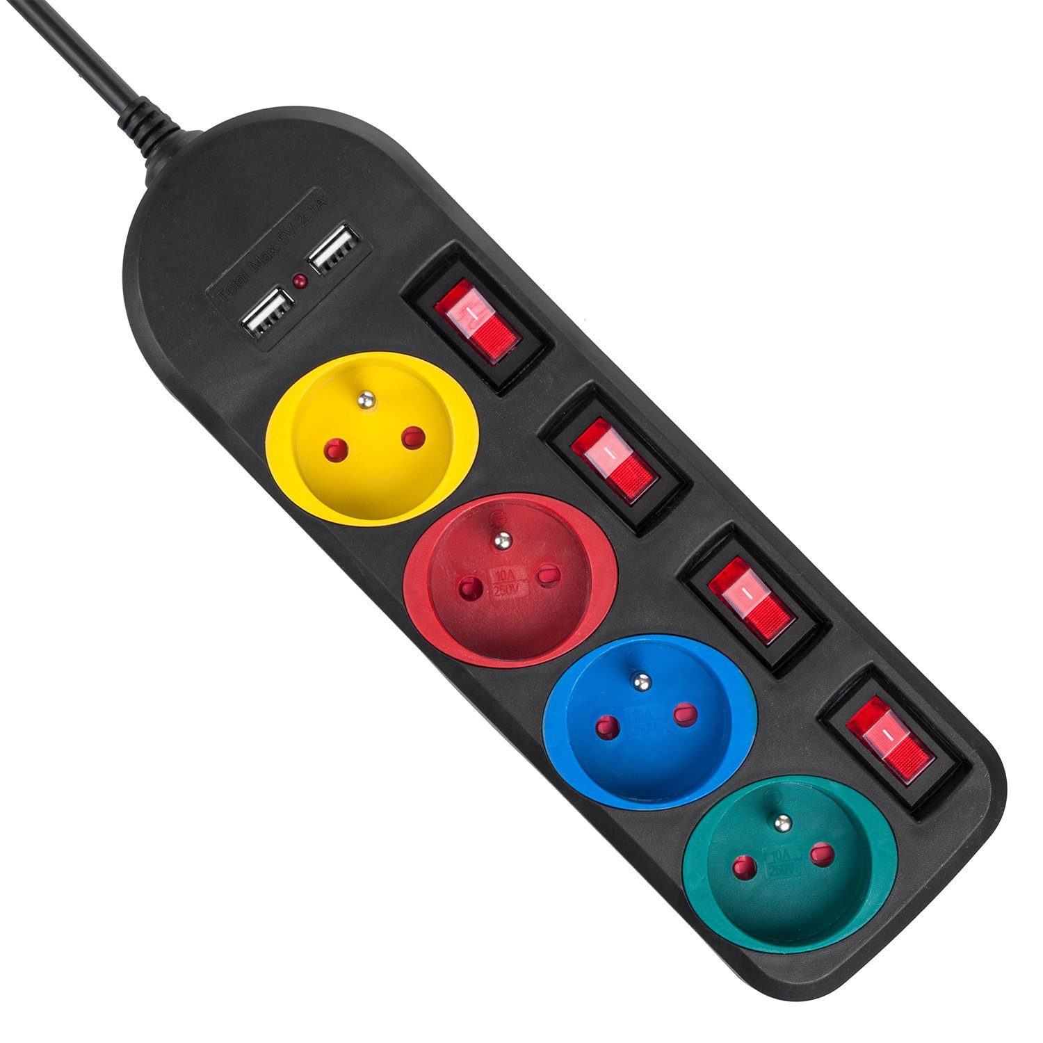 Maclean MCE229 Steckdosenleiste 4-fach (Ein- / Ausschalter, USB-Anschlüsse, separate Ein- / Ausschalter, Kindersicherung, Kabellänge 1.5 m), 4-Steckdosen-Verlängerungskabel + 2xUSB, mit Schalter 1,5m