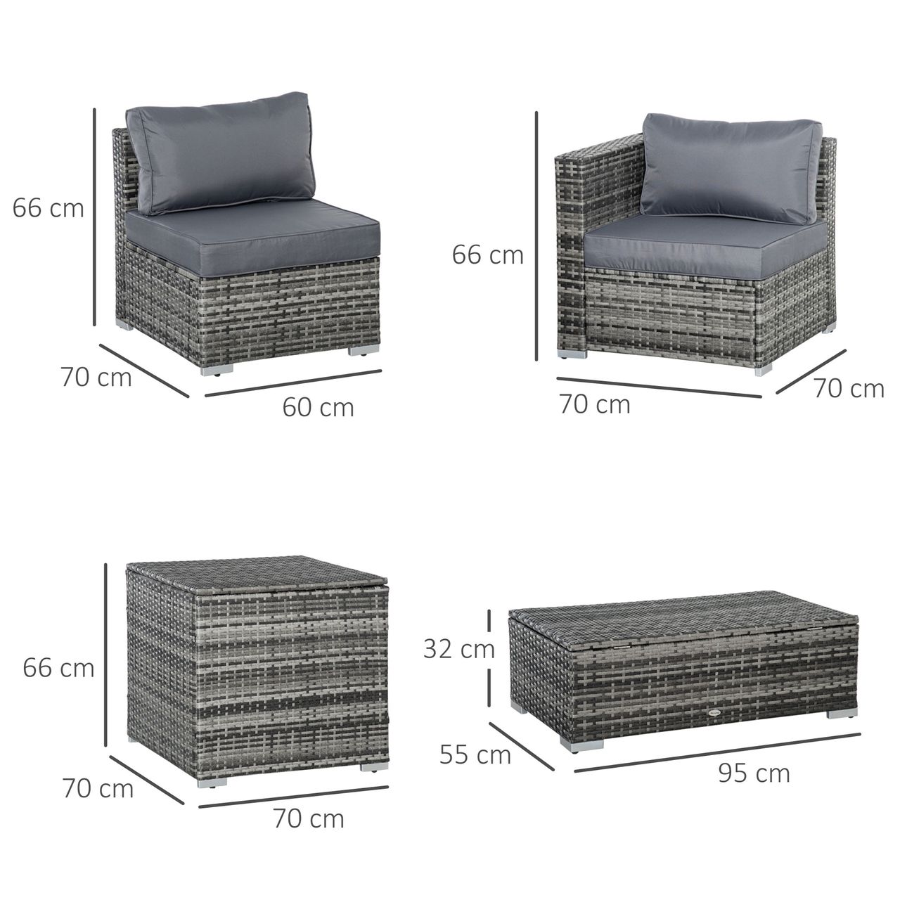 Outsunny 6 tlg. Polyrattan Gartenmöbel Set Sitzgarnitur mit Kissen Sitzgruppe Gartenset Sofagarnitur Lounge Tisch mit Stauraum Stahl Luxus Grau