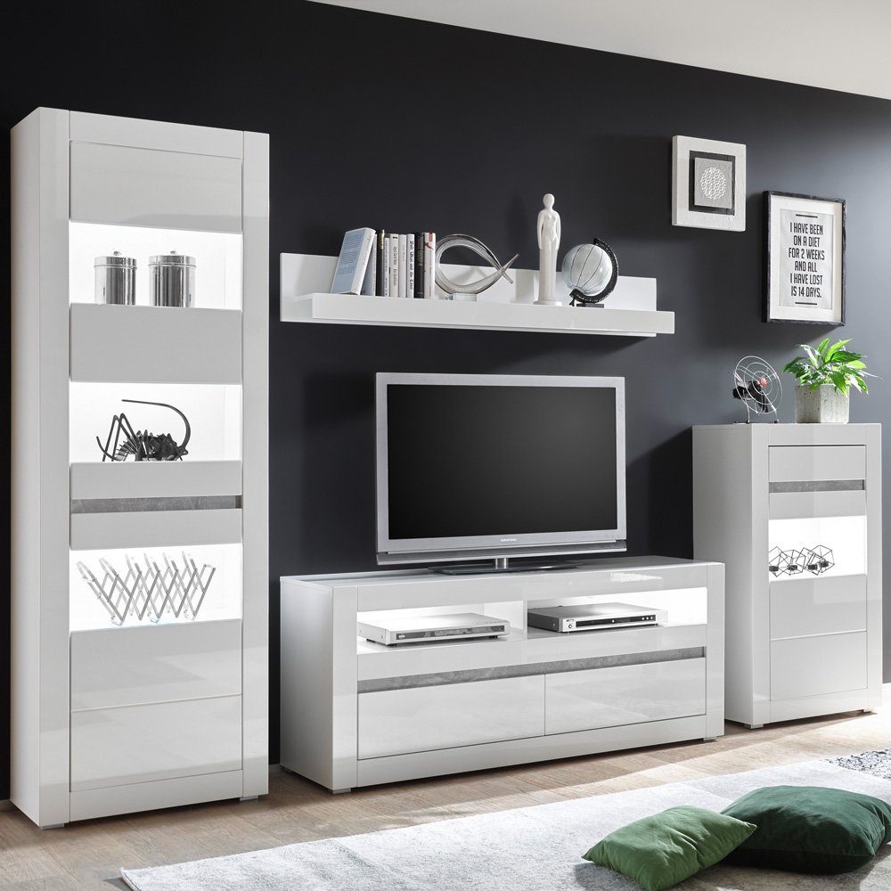 Lomadox Wohnzimmer-Set COGO-61, (Mega-Spar-Set, 2-tlg), weiß Hochglanz und Griffmulden Betonoptik 302x198x42cm