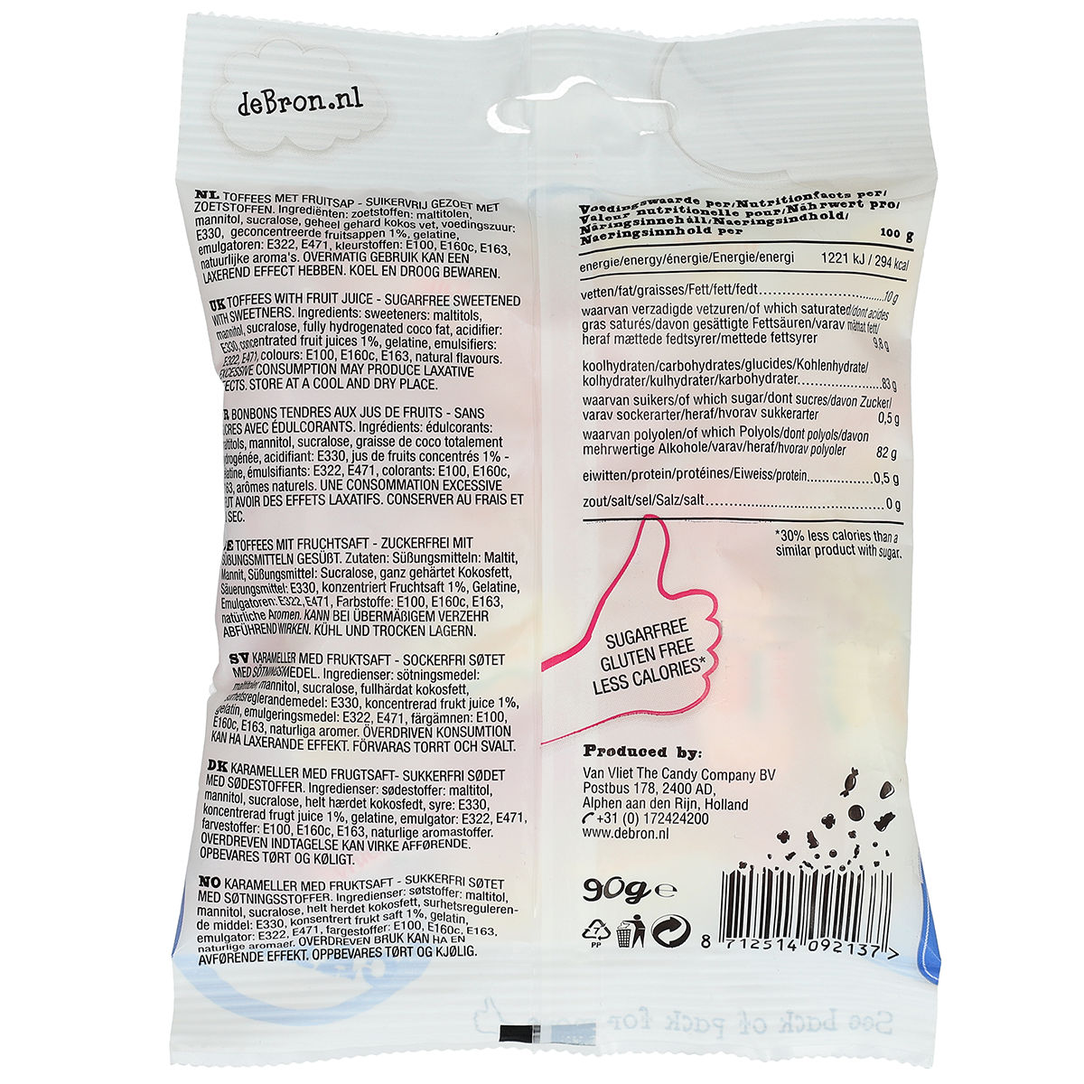 de Bron Fruitjuice Toffees sugarfree 90g