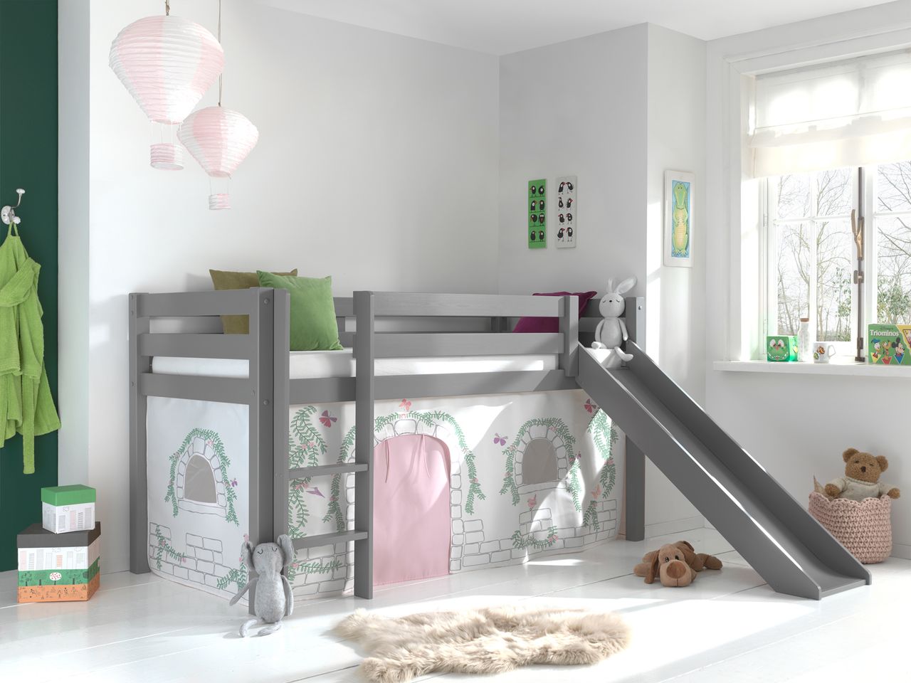 VIPACK Spielbett Pino inkl. Rutsche mit Textilset Vorhang 