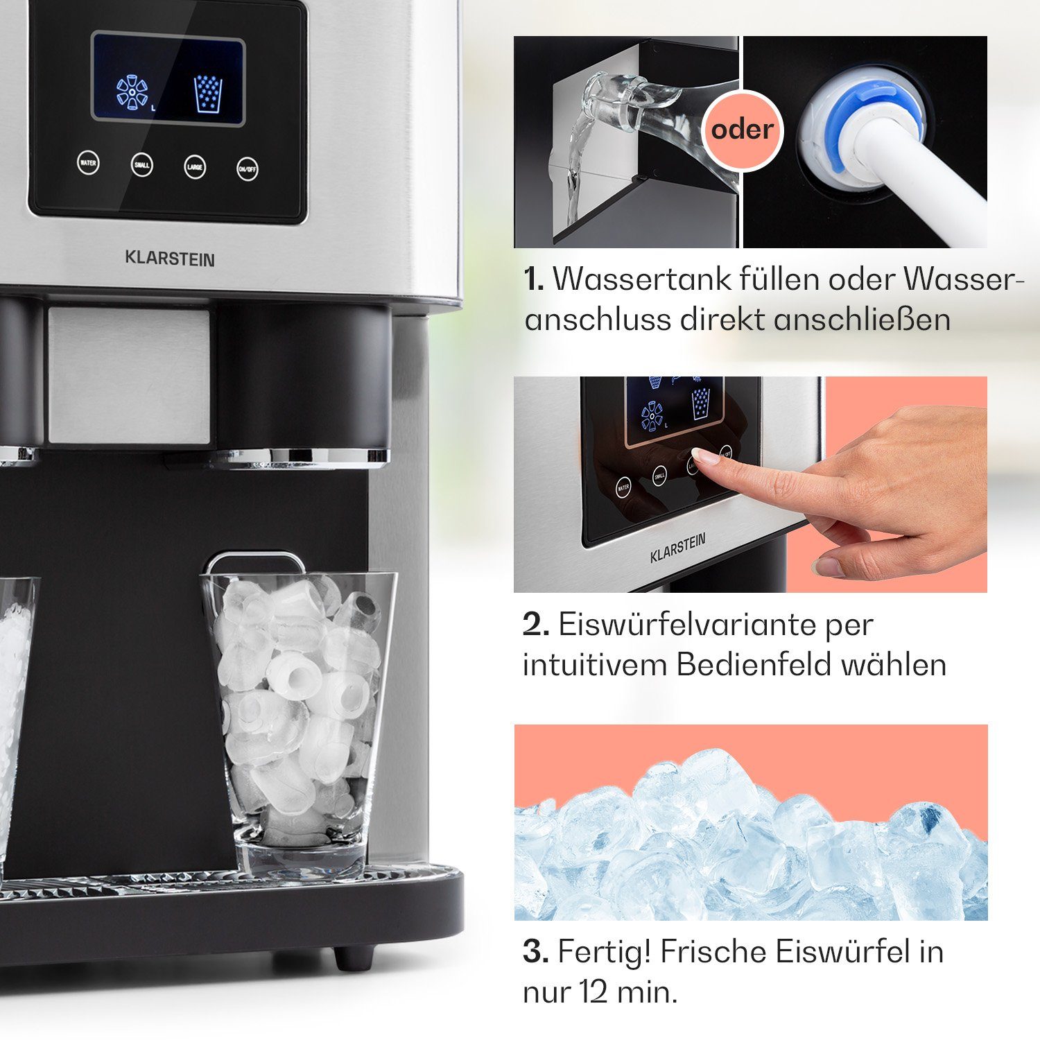 Klarstein Eiswürfelmaschine Eiszeit Crush, Eiswürfelmaschine mit Crushed Ice Eiswürfelbereiter Ice Cube Maker