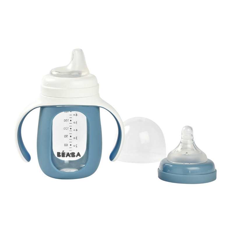 Biberon d'apprentissage 2 en 1 en verre 210 ml bleu Beaba