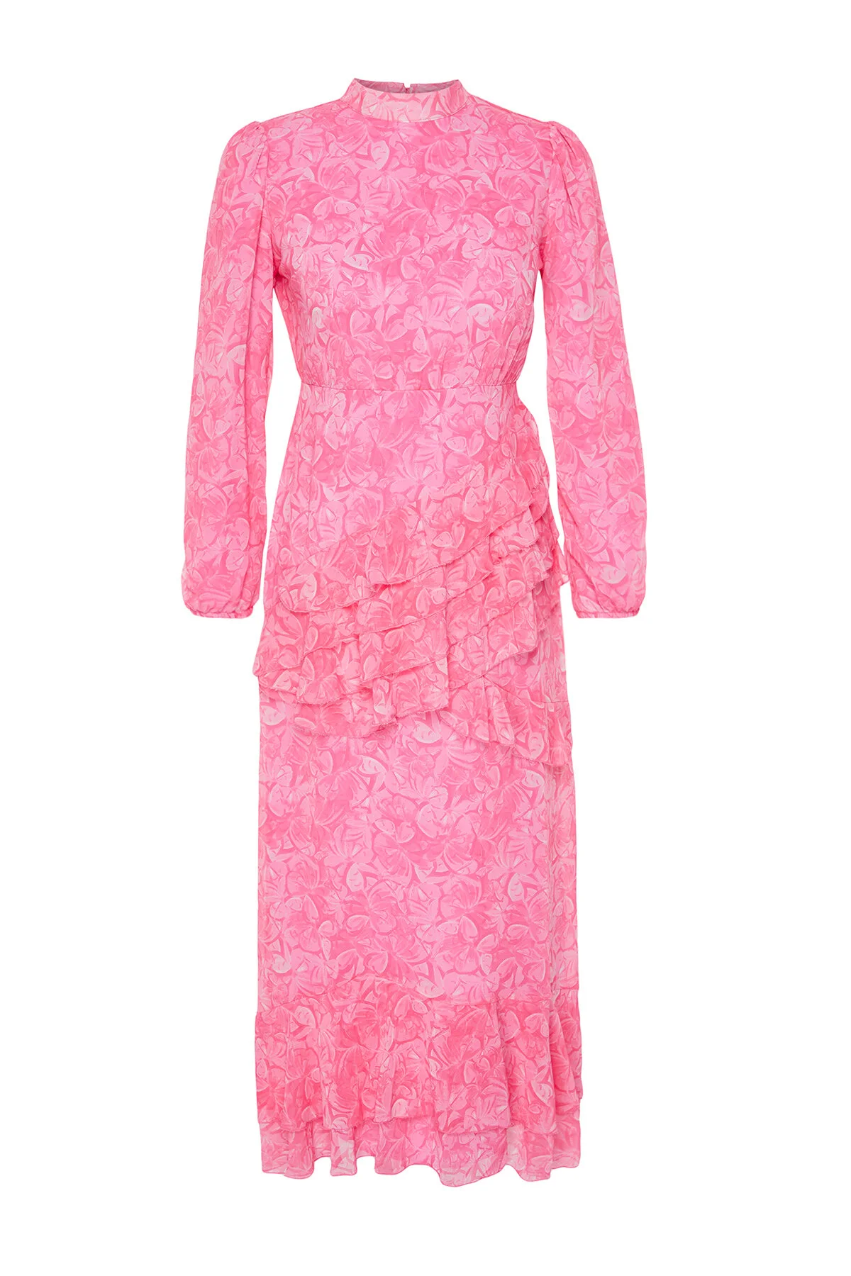 Trendyol Modest  Rosa Blumenrock, gerüschtes, gefüttertes Kleid aus gewebtem Chiffon TCTSS23EB00160