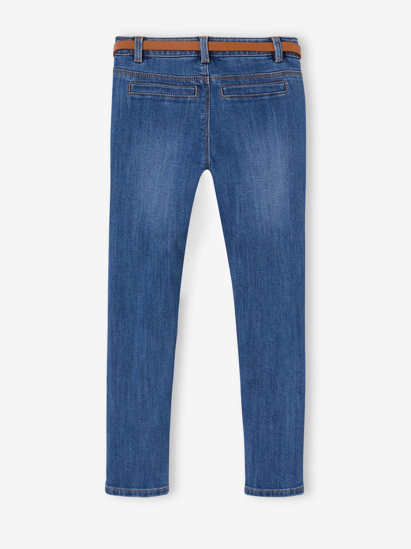 Vertbaudet Die UNVERWÜSTLICHE, robuste Mädchen Jeans, Slim-Fit mit Gürtel - grau