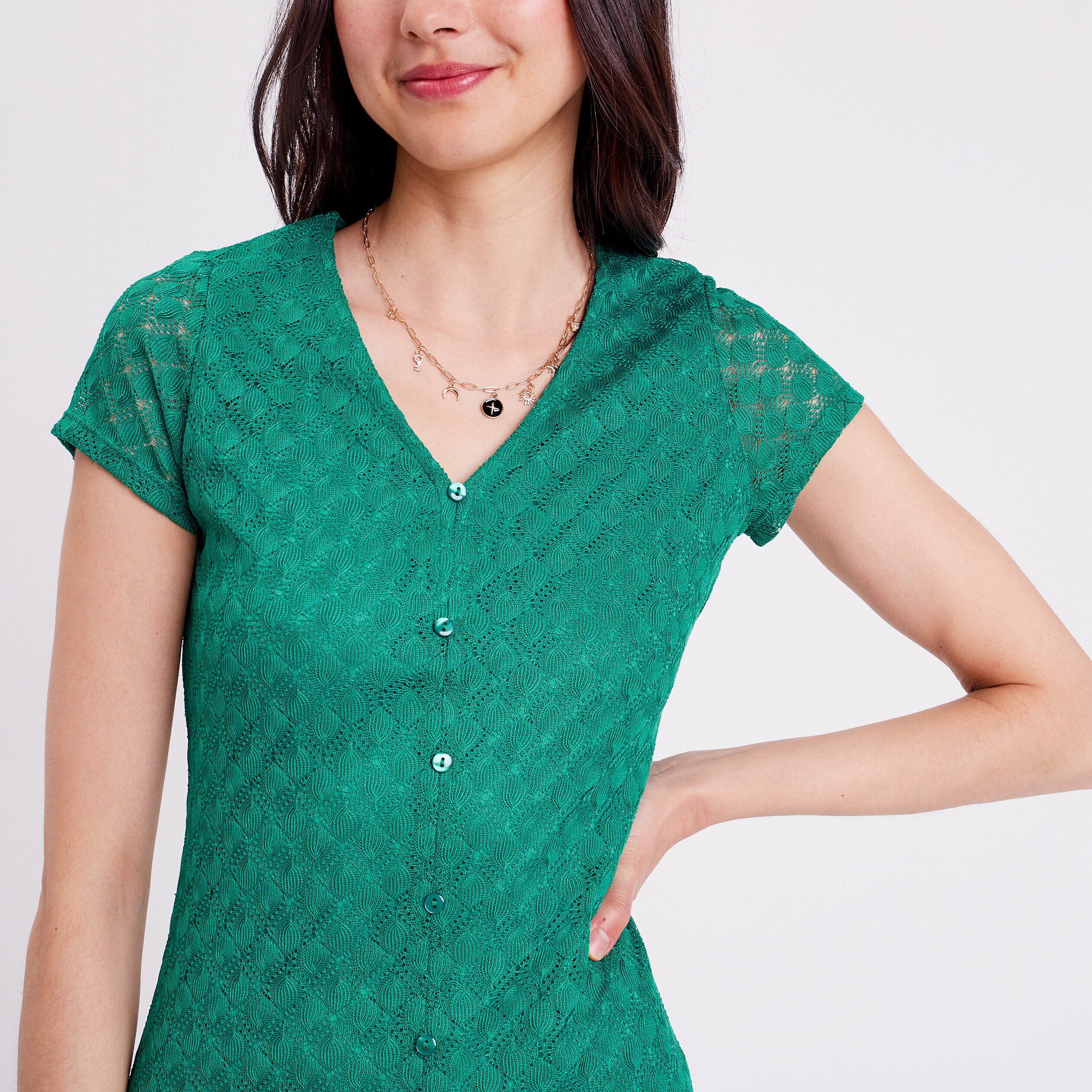 Robe évasée ajourée col en V vert femme | Cache Cache