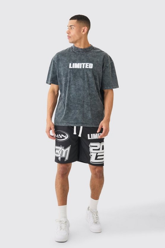 Oversize Limited T-Shirt mit Acid-Waschung & Mesh Basketball-Shorts