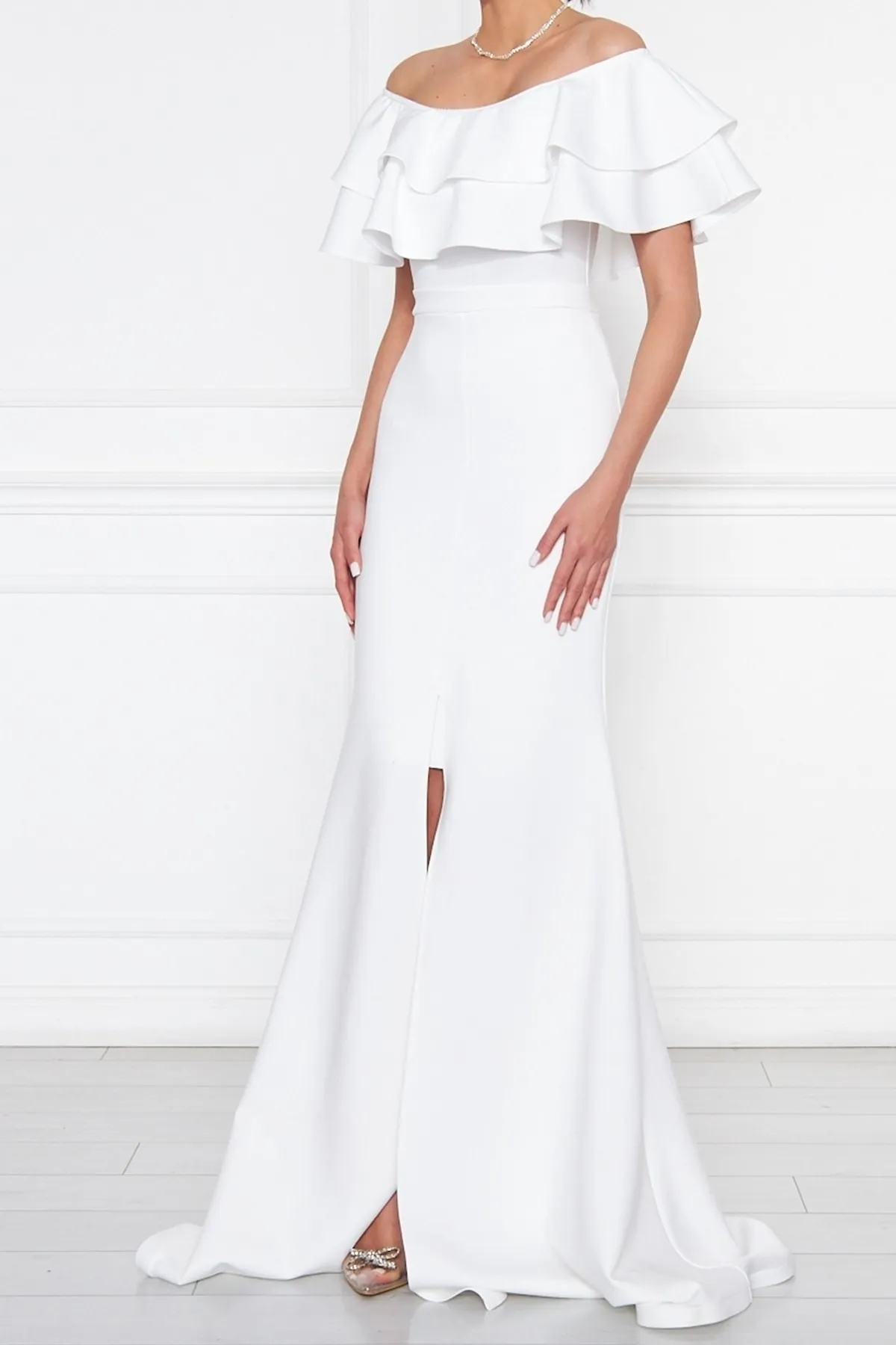 bayansepeti  Flexibles Damenkleid aus Scuba-Stoff mit tiefem Schulterausschnitt und Schlitzdetail in Maxilänge, Fischmodell, weißes Kleid 164