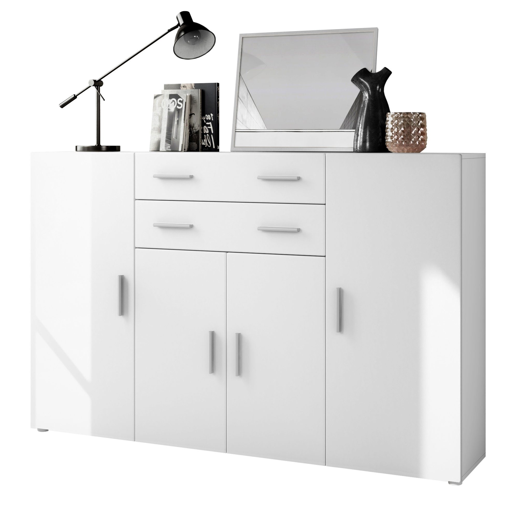 Vladon Highboard Aron (Anrichte, mit 4 Türen und 2 Schubladen), Weiß matt (166,5 x 106,5 x 35 cm)
