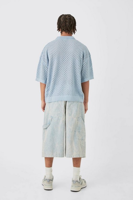 Kurzärmliges kastiges Strick-Poloshirt in Blau