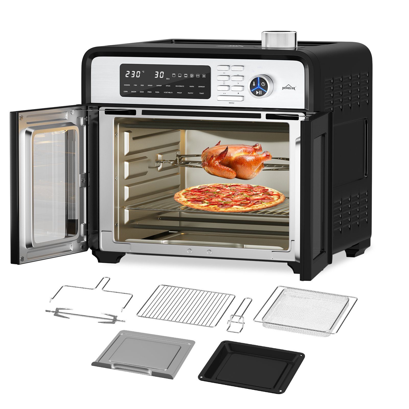 HOMELUX Minibackofen mit Umluft, Heißluftfritteuse XXL 28L, Heißluft-Backofen, Airfryer, 1700W, 18 Programme, 7 Zubehörteile inkl. Drehspieß, Doppelventilator
