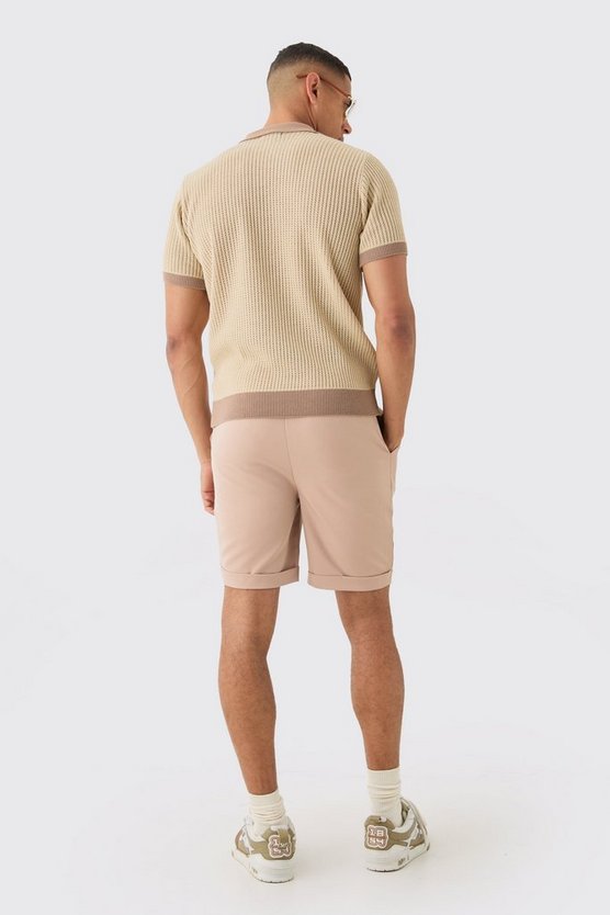 Regular Fit Ribbed Open Stitch Contrast Polo In Taupe