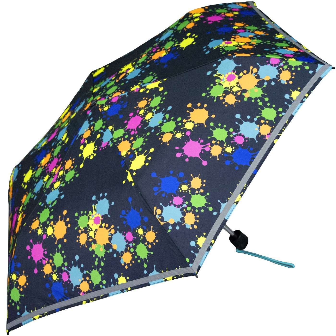 Knirps® Taschenregenschirm Kinderschirm 4Kids reflective mit Reflexborte, Sicherheit auf dem Schulweg, bunte Paintdrops