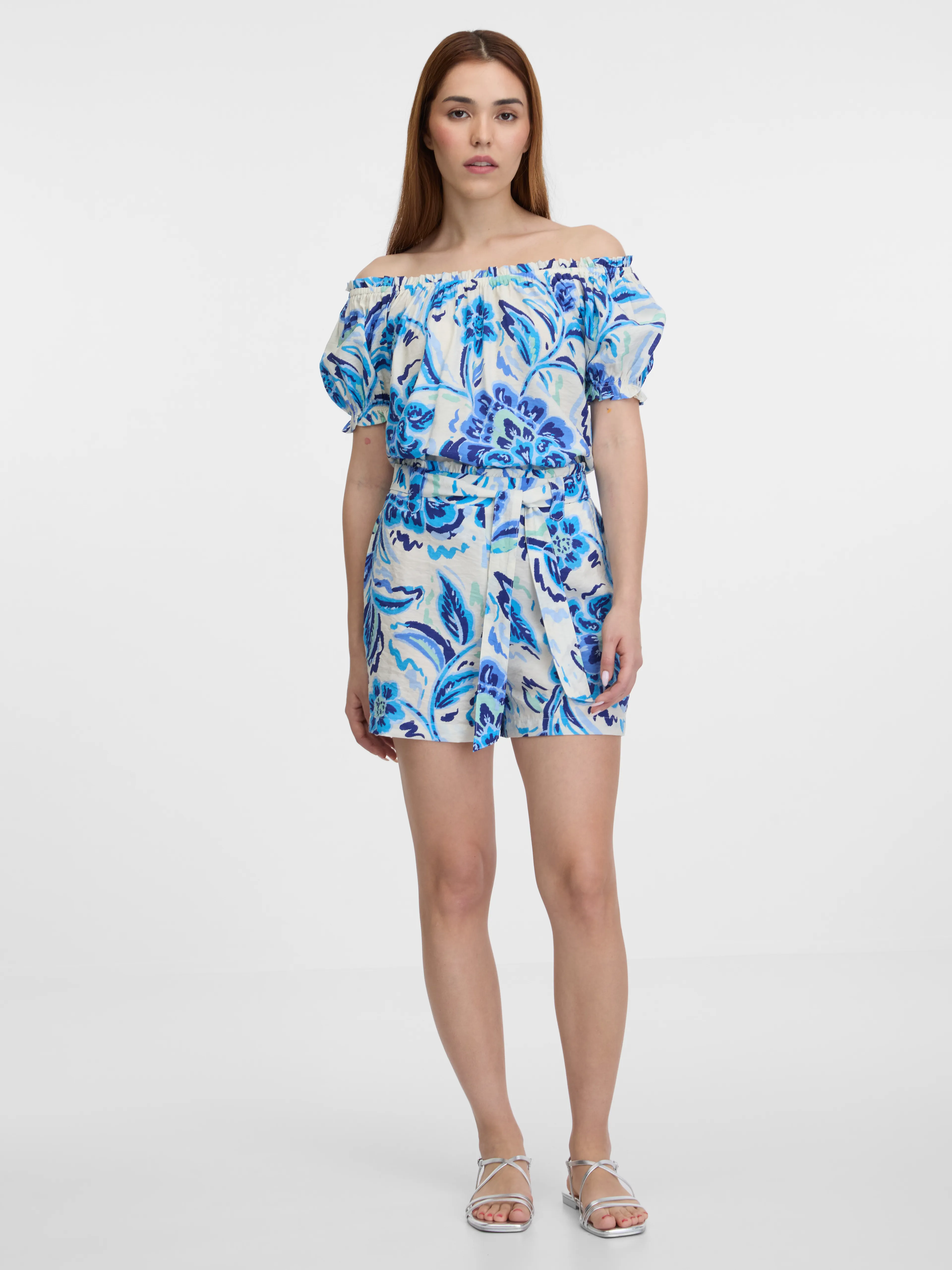 Hellblaue gemusterte Damen-Shorts ORSAY