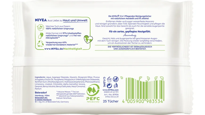 NIVEA 3in1 Pflegende Reinigungstücher Trockene Haut 25 Tücher