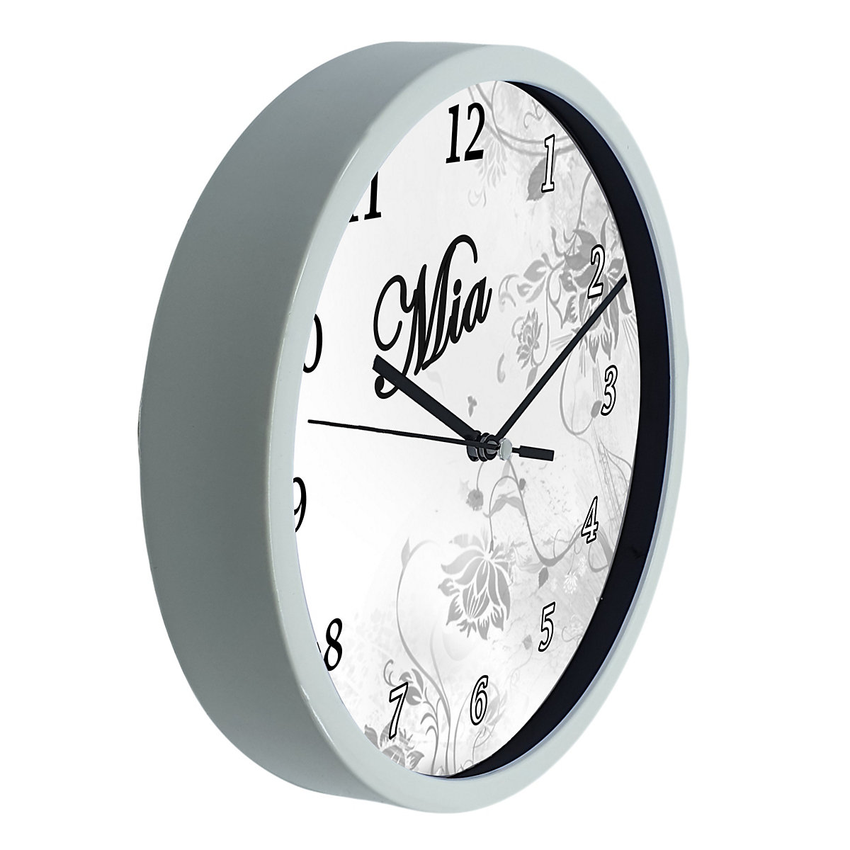 Kinder Wanduhr laufruhig personalisiert mit Name Blumenranke Grau