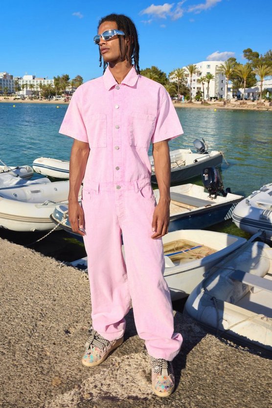 Lockerer Cord-Boilersuit in Pink mit Acid-Waschung