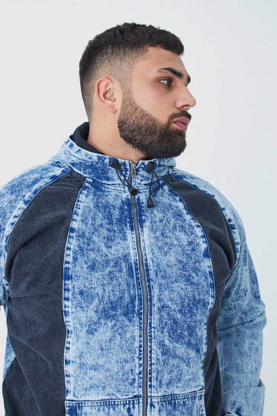 Plus Denim-Hoodie mit Acid-Waschung und Reißverschluss