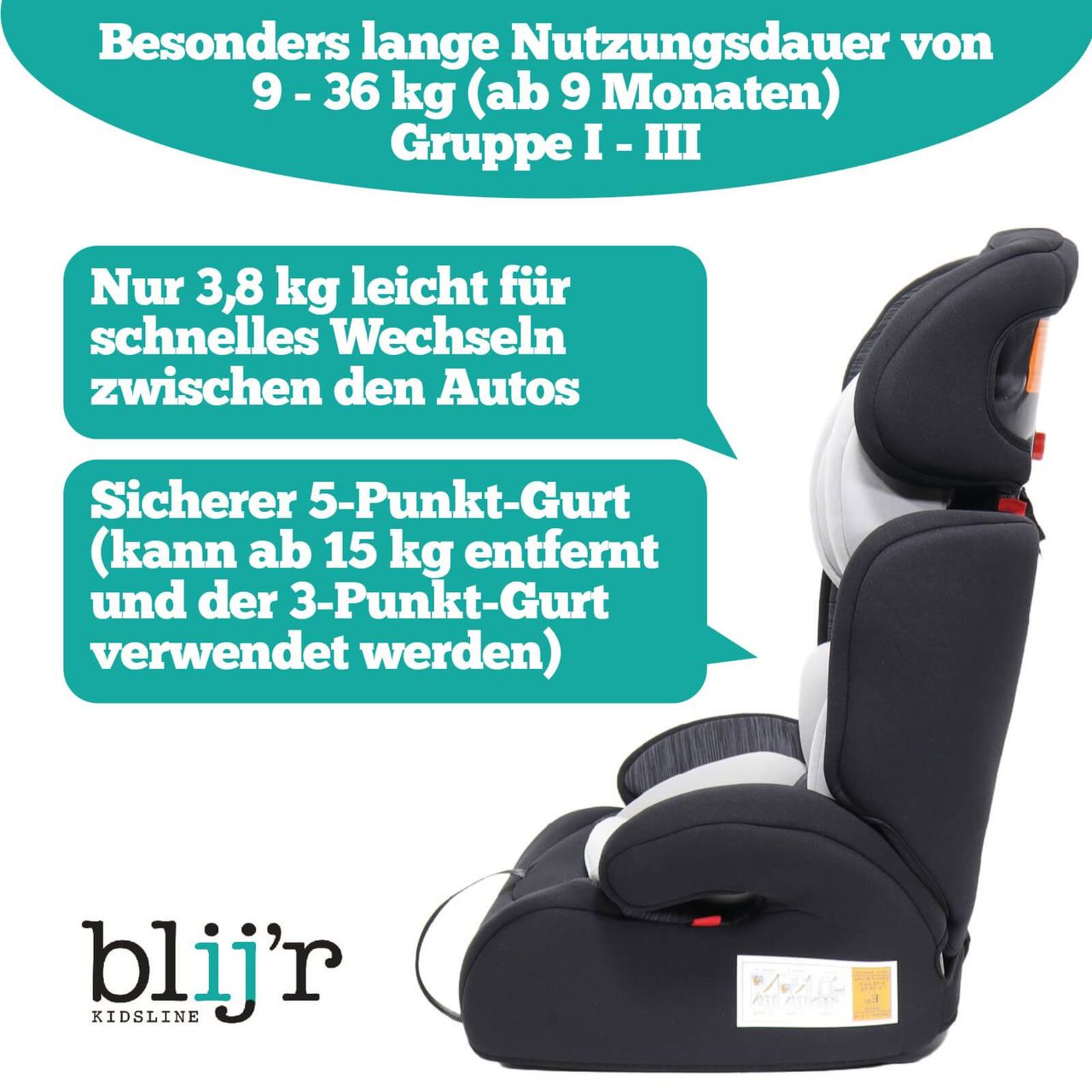 Blijr Blij´r Ivo Grey/Black Autositz mit Wumbi Rücksitzspiegel und Sonnenschutz