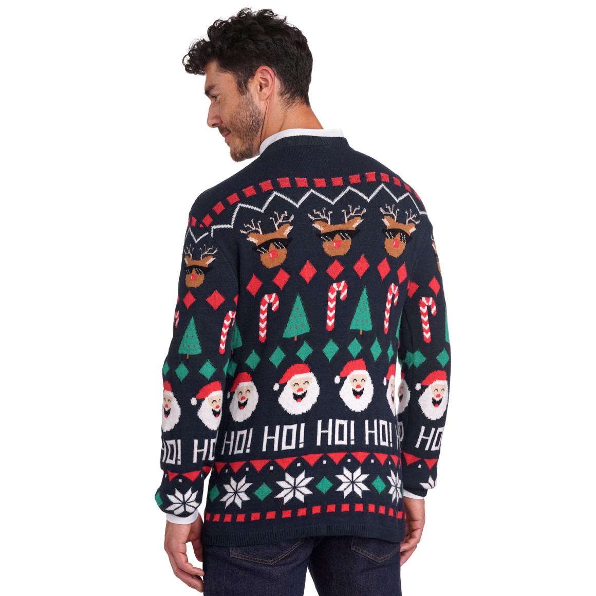 Herren Weihnachtspullover mit Allover-Motiven dunkelblau / rot / grün