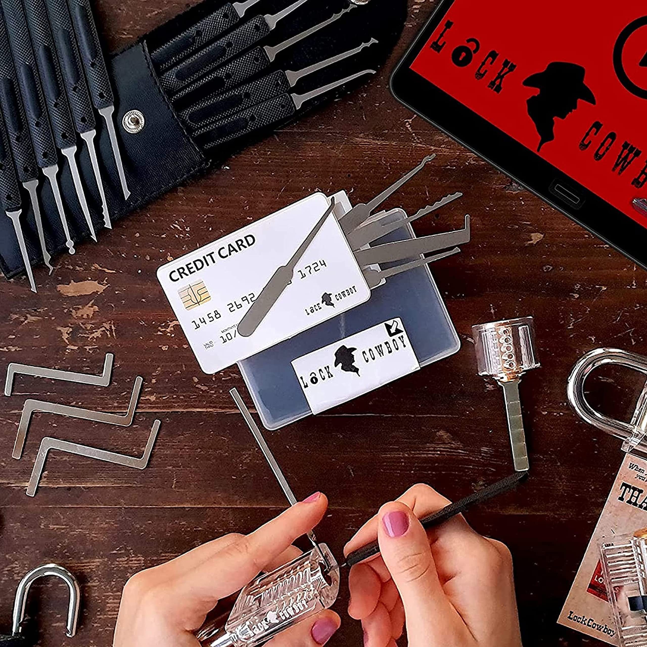 Lock Cowboy Vorhängeschloss 30-tlg Lockpicking-Set mit Transp. Übungsschlössern + Dietrich-Set, Edelstahl