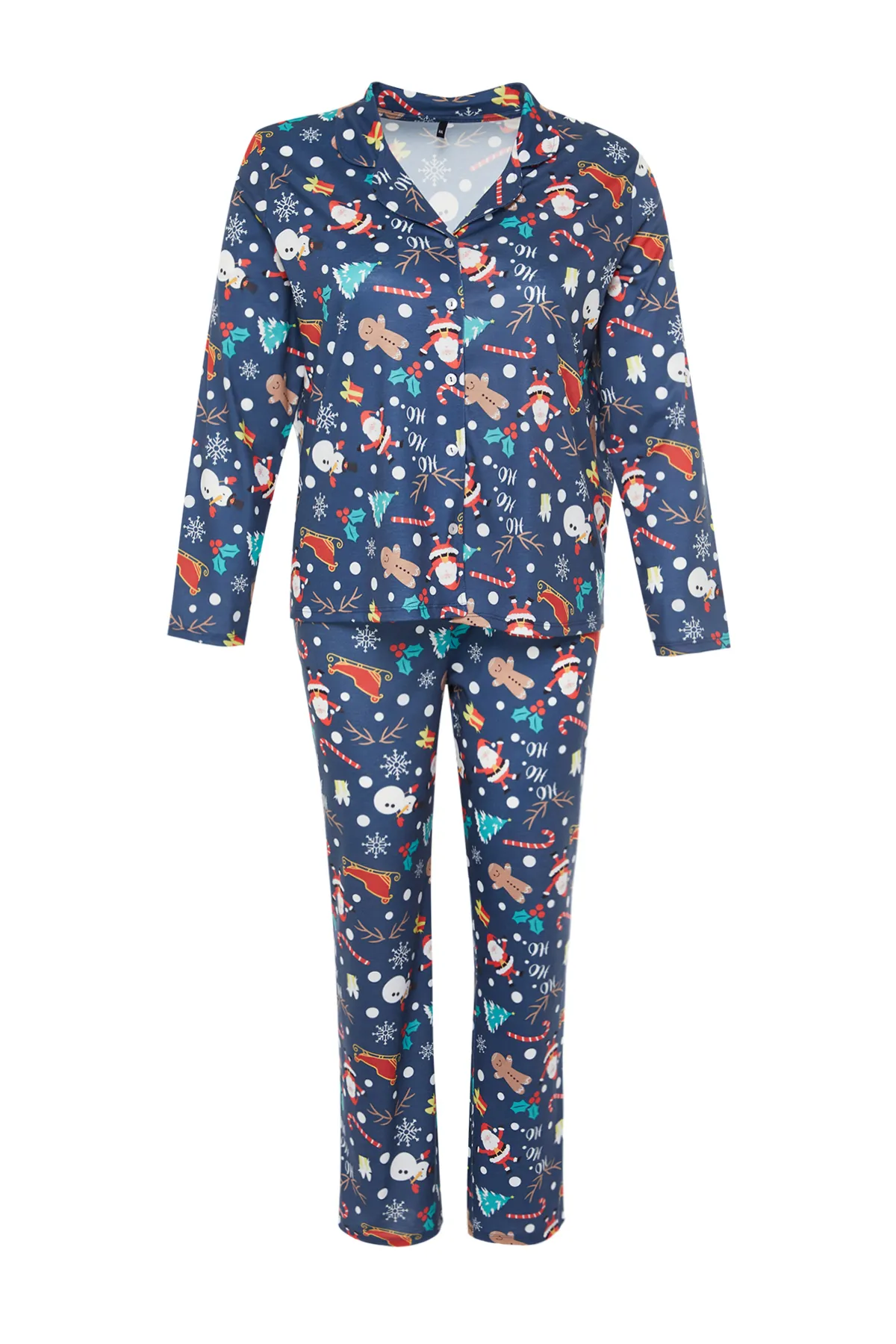 Trendyol Curve  Marineblaues Pyjama-Set aus Strick mit Weihnachtsmotiv TBBAW24AI00024