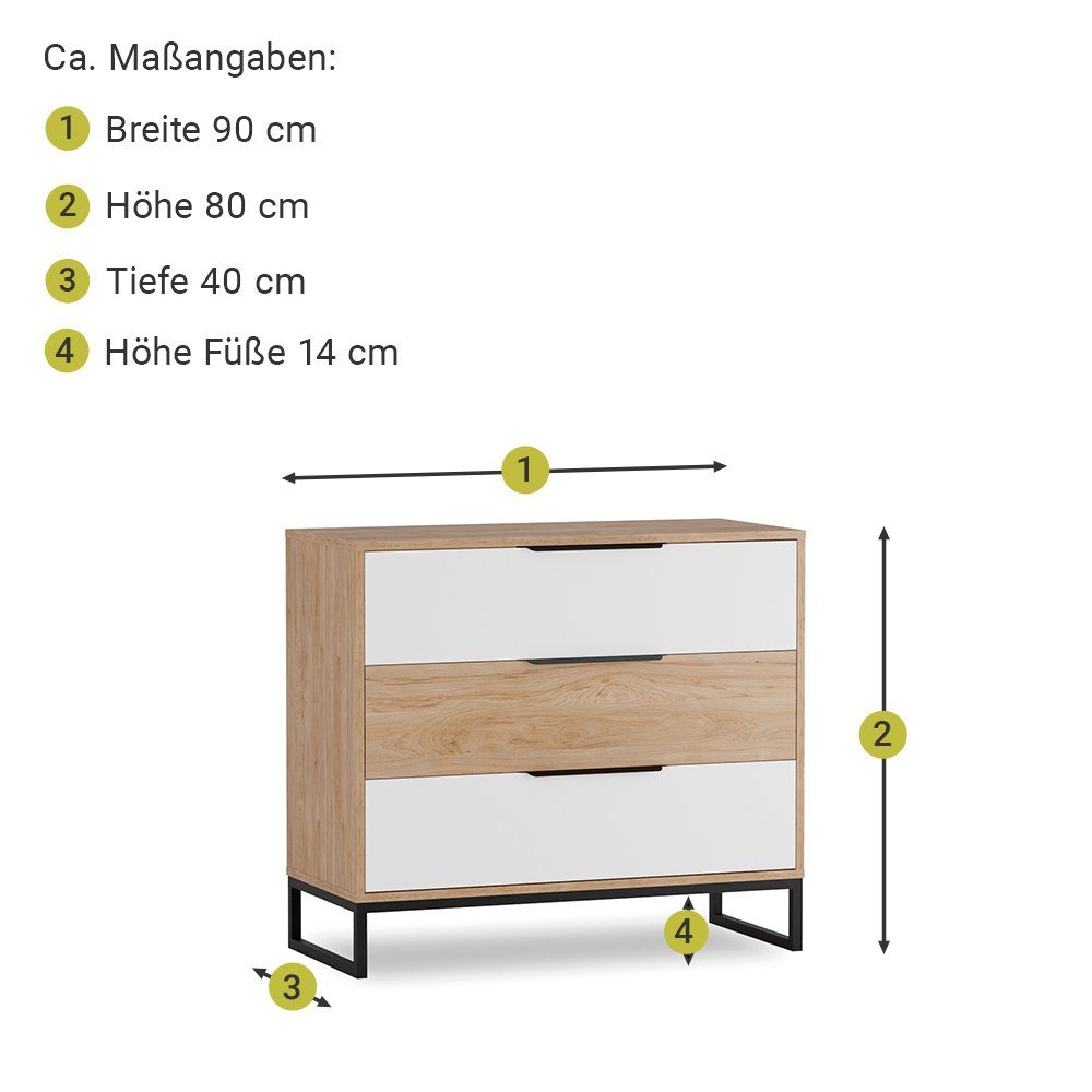 Lomadox Jugendzimmer-Set LUZZI-132, (Sparset, 4-tlg), Eiche Nb. mit weiß, Kleiderschrank, Nachttisch, Bett, Kommode