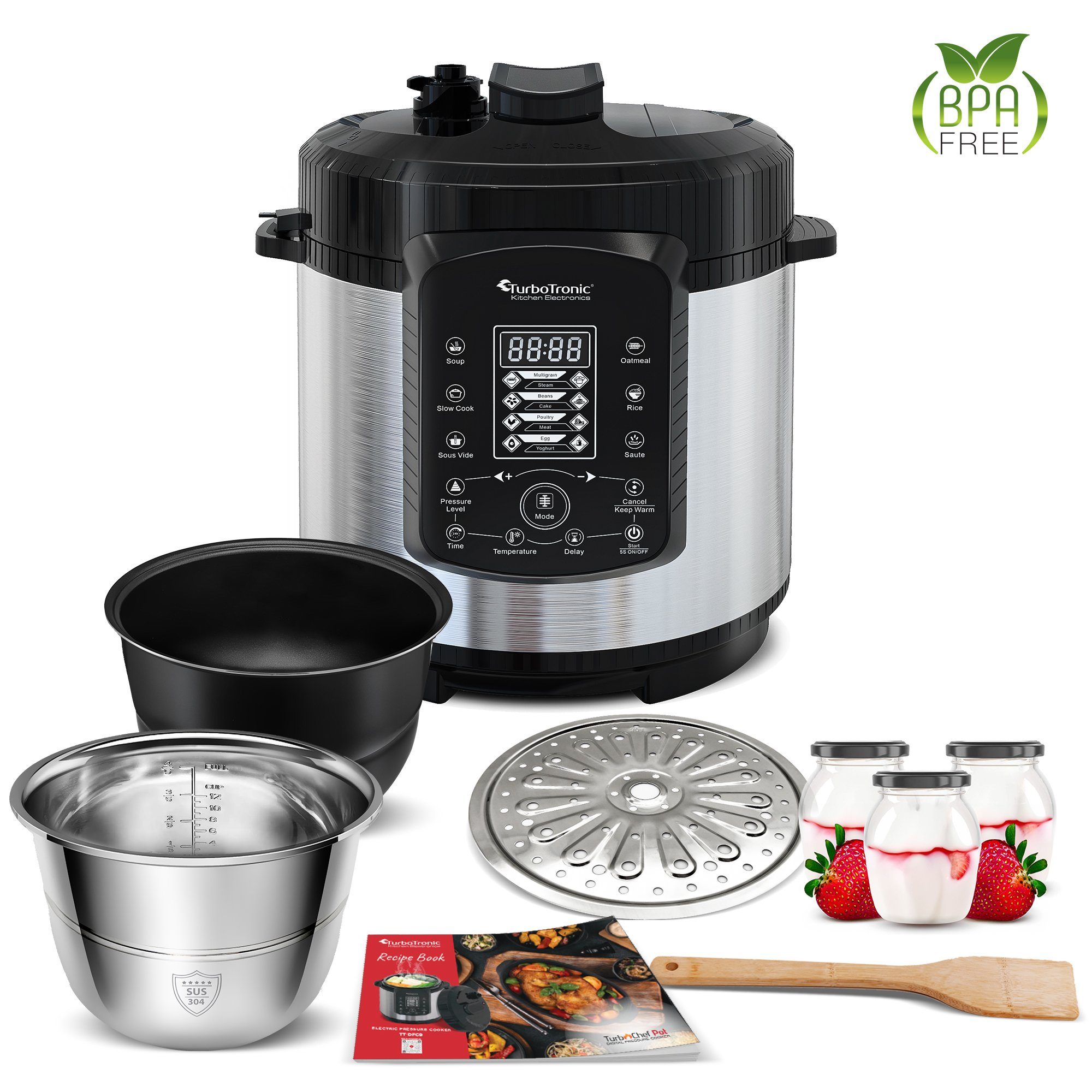 TurboTronic by Z-Line Multikocher 6L mit 2x Topf Edelstahltopf und beschichtet, PLASTIKFREI Silber, 1000 W, Dampfdrucktopf Elektrischer Schnellkochtopf Dampfgarer