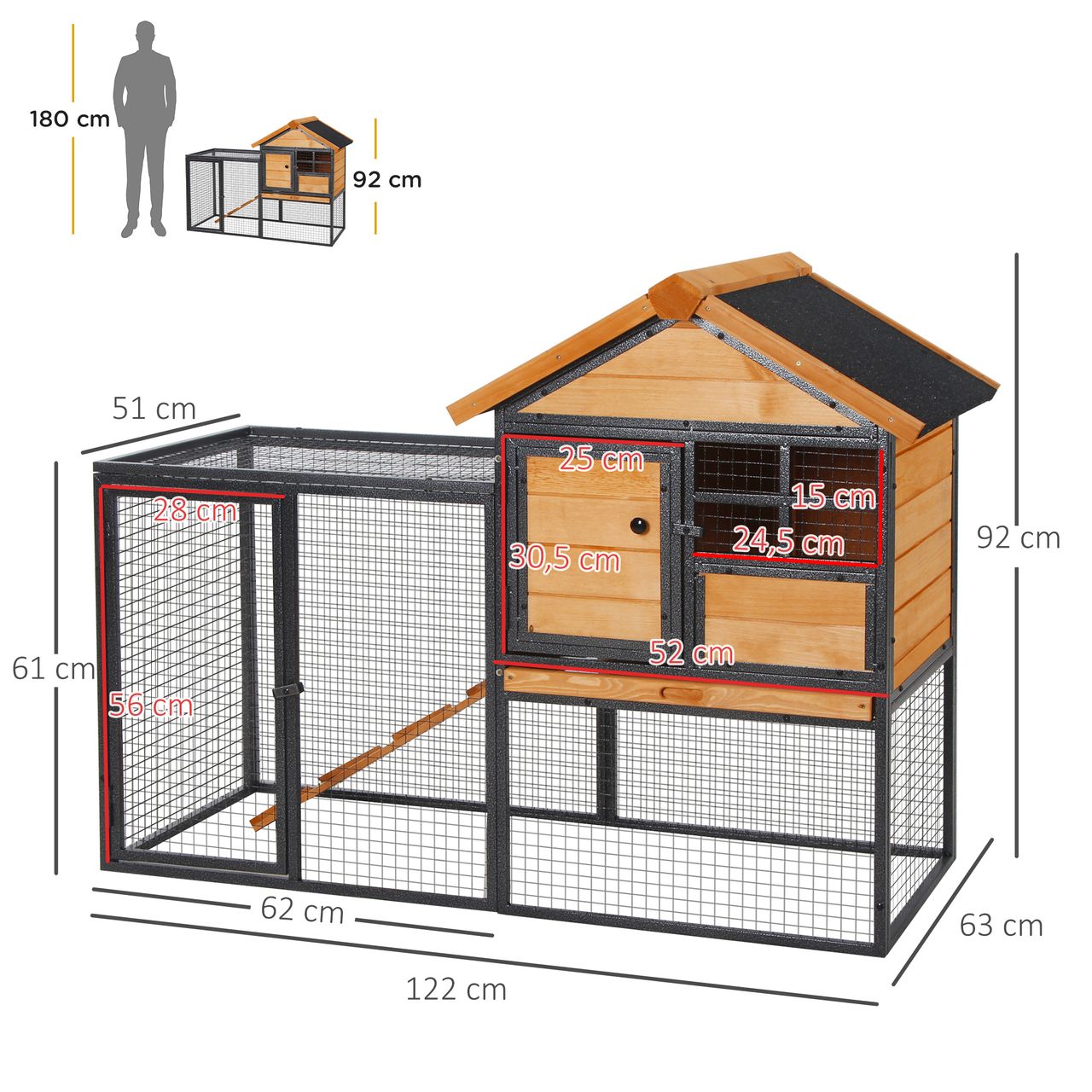 PawHut Kaninchenstall erhöhtes Haus mit Abschließbare Tür Outdoor Holz-Metall