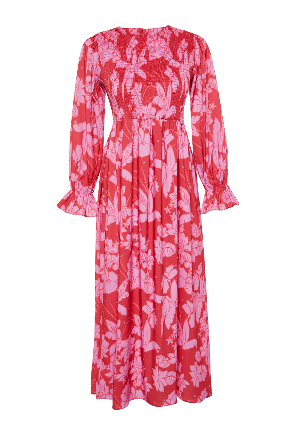Trendyol Modest  Rotes, mit Blumenmuster bedrucktes Gimped-Webkleid in Übergröße TCTSS24EB00109