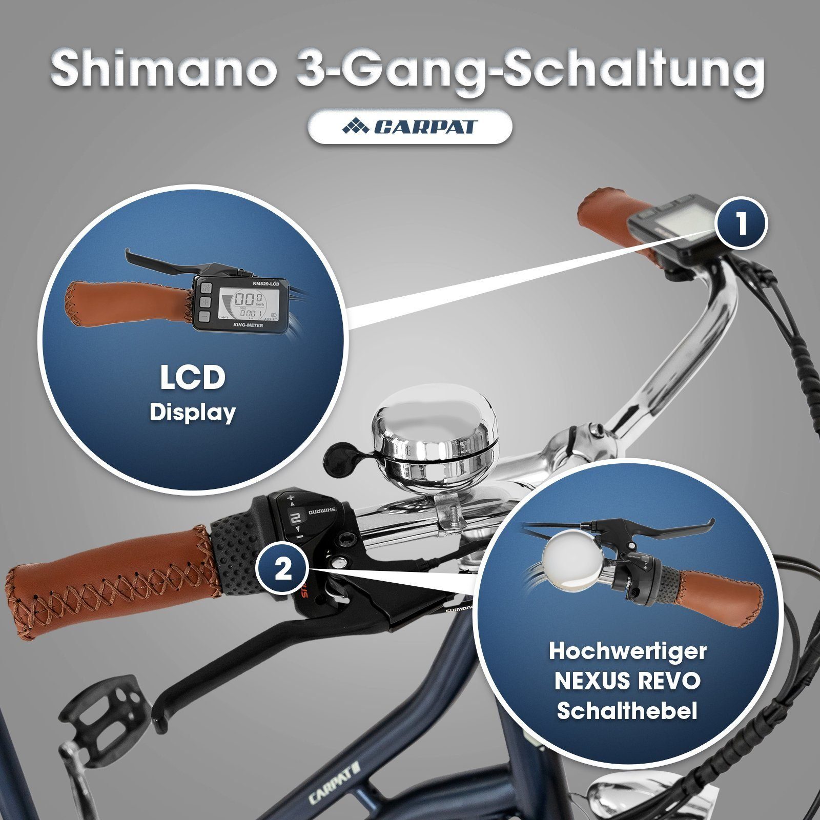 CARPAT SPORT E-Bike 28 Zoll E-bike citybike Damen Herren, 3 Gang Shimano Nexus Schaltwerk, Kettenschaltung, Frontmotor, 374,40 Wh Batterie, (mit akku-ladegerat, mit Werkzeung, mit Dreiecktasche), Elektrofahrrad Pedelec E-Cityrad, LCD Display