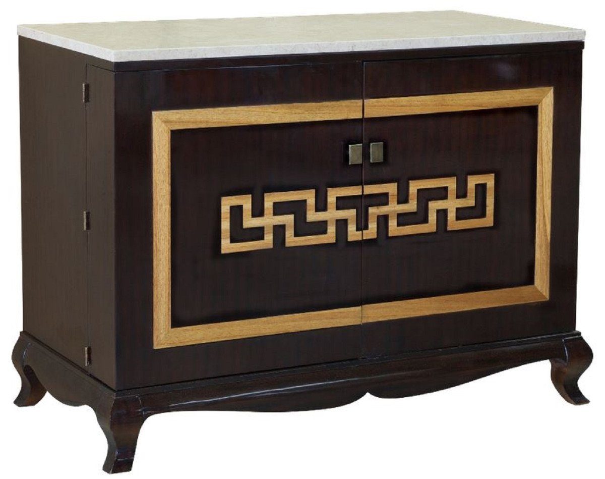 Casa Padrino Barschrank Luxus Barock Likörschrank Schwarz / Naturfarben / Creme 110 x 55 x H. 87 cm - Massivholz Barschrank - Schnapsschrank mit Marmorplatte - Bar Möbel im Barockstil