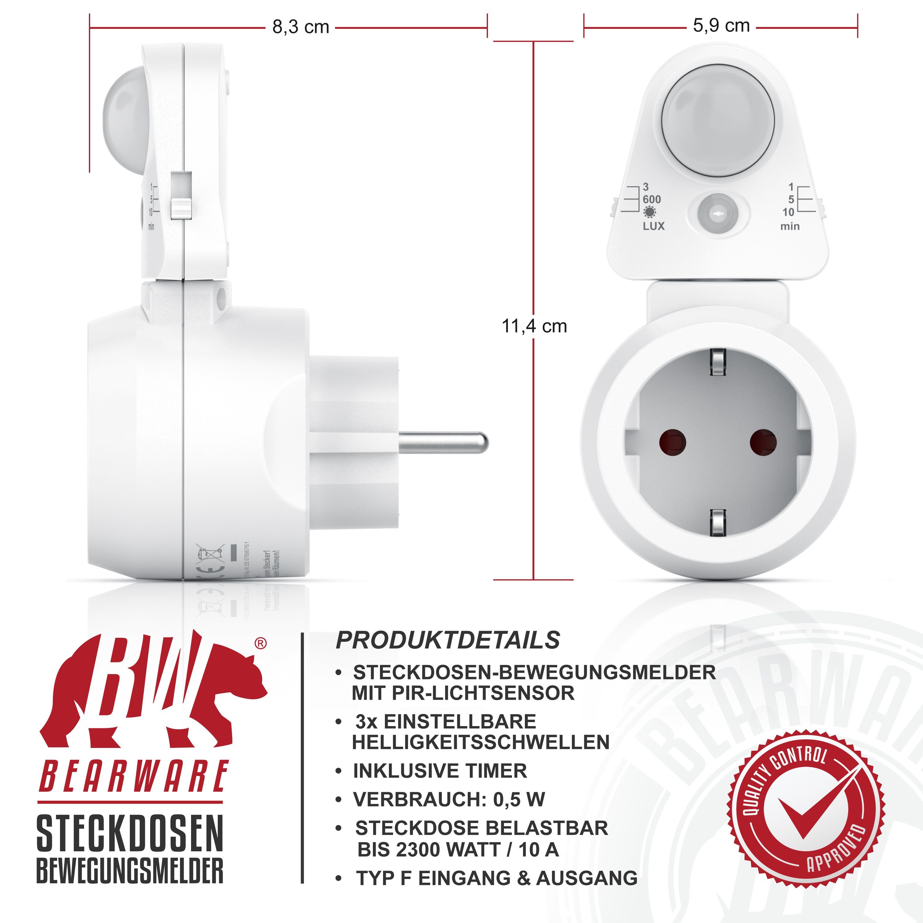 BEARWARE Steckdose, Bewegungsmelder mit Timer, Lichtsensor, Infrarotsensor, 2300 W