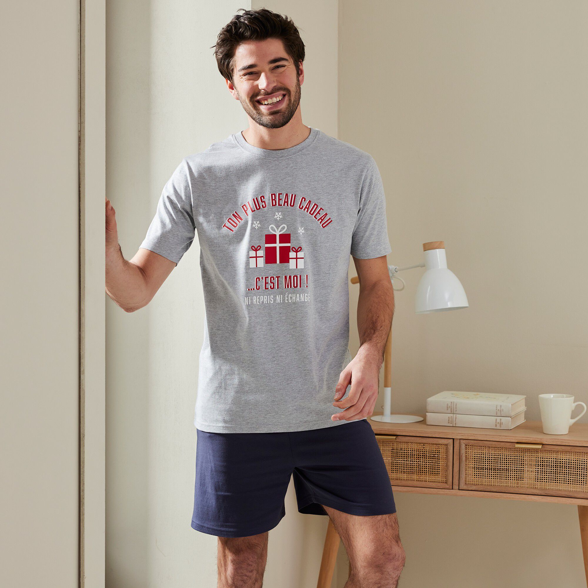 Pyjama short col rond imprimé message