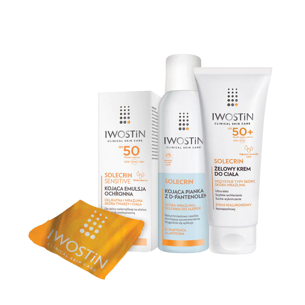 Iwostin Solecrin Set (Emulzija SPF50 100ml + Umirujuća pjena 150ml + Gel-krema SPF50+ 200ml + Peškir)