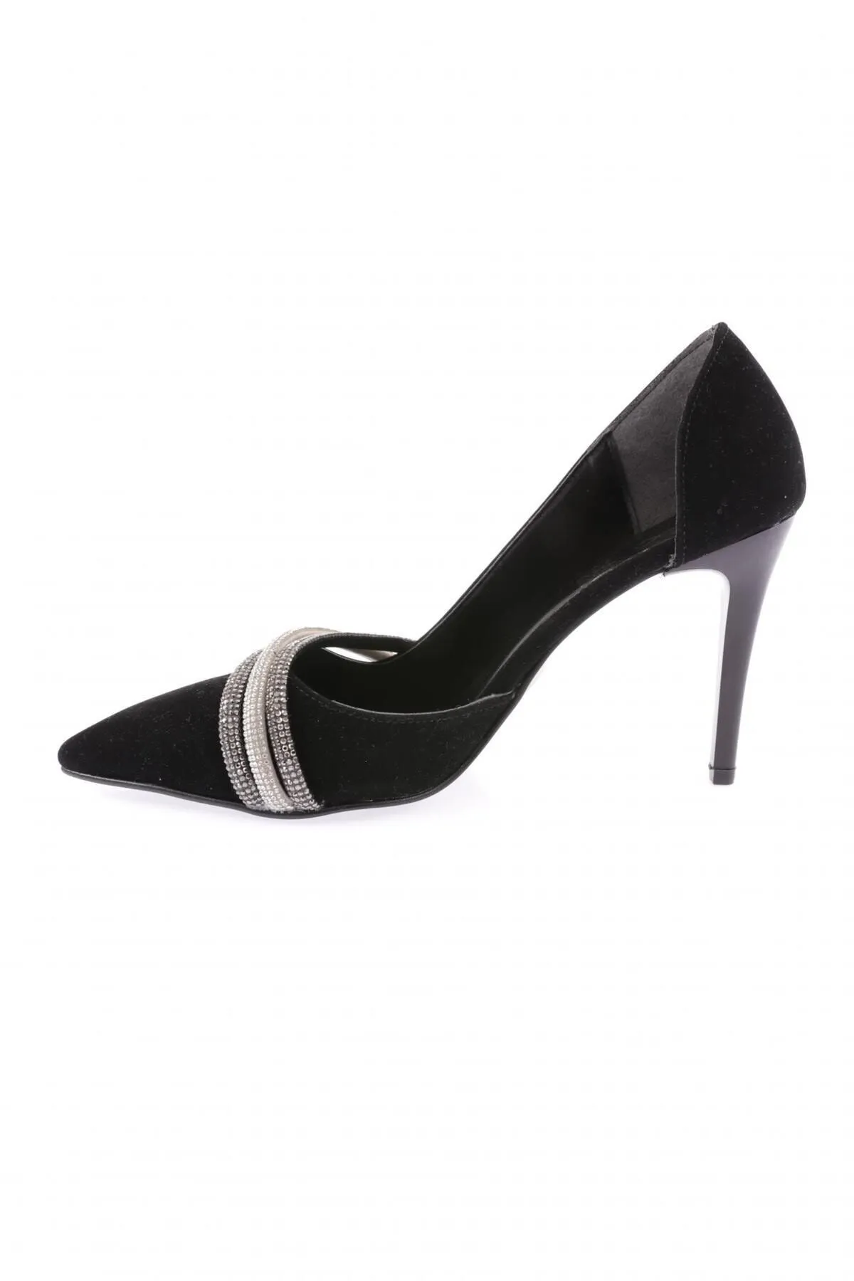 DGN  Ysf-07-23y Silberne, schwarze Abendschuhe mit Steinbesatz - Samt