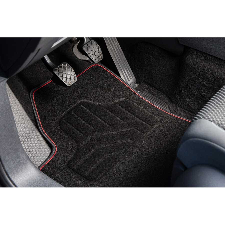 Norauto Universal Autoteppich Colour im 4-teiligen Komplettset, Auto Textil Fußmatten, schwarz/rot - ATU
