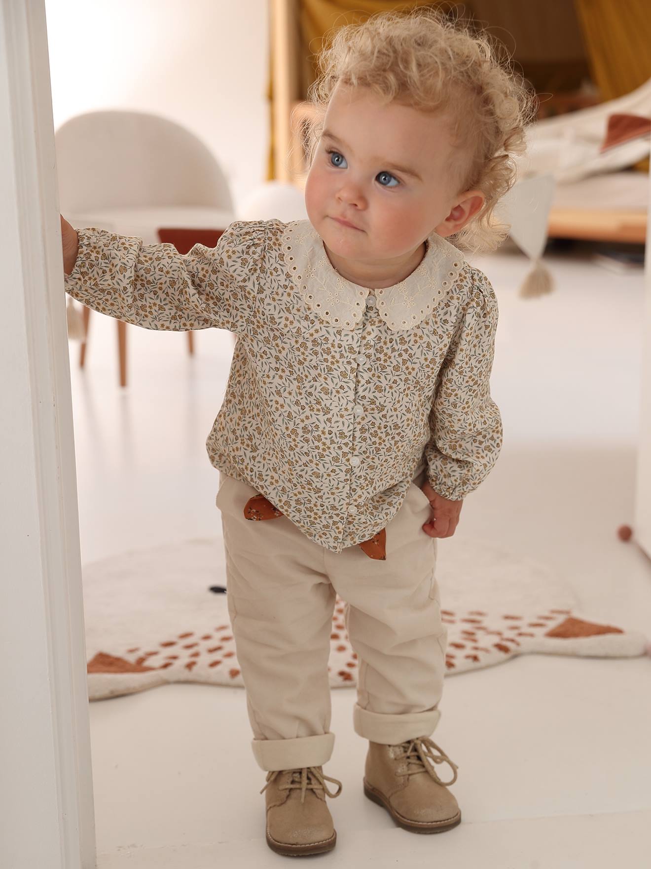 Blouse impriméé bébé col brodé vieux rose
